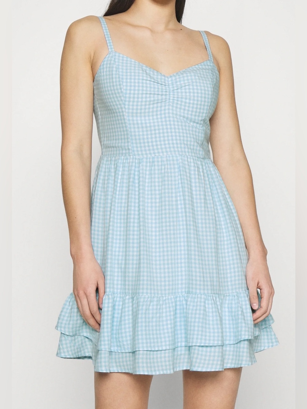 Hollister small gingham plaid dress blue white ruffles summer babydoll mini tier